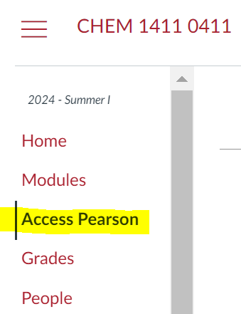 It is a snip of canvas course page, with the tabs that appear on the left. First is home tab, second Modules, third is Access Pearson, and is highlighted with yellow to indicate where to go to access Pearson.